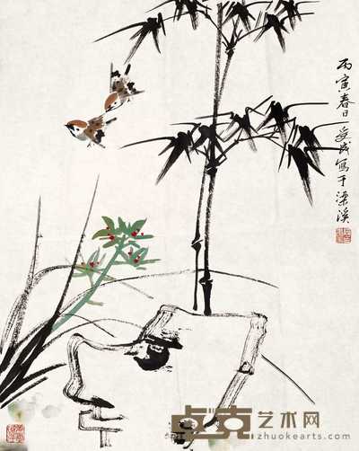 邱受成 1986年作 竹雀图 镜心 59.5×48cm